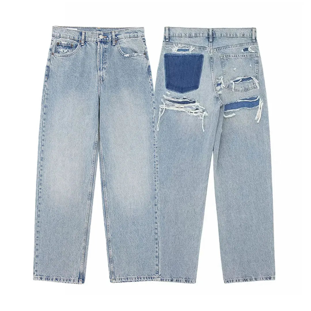 High-Waist Distressed Patchwork Jeans