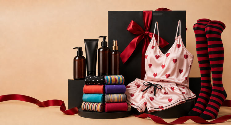 Tanzy self-care and cozy-night gift bundles arranged in black, red and beige