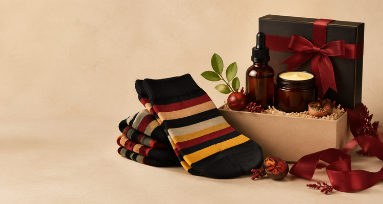 Striped sock gift set and botanical hair-care set arranged in Tanzy black, red and beige