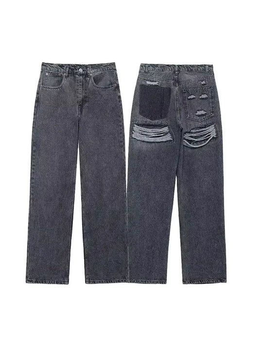 High-Waist Distressed Patchwork Jeans