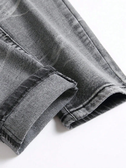 Gray-Wash Ripped Patchwork Jeans