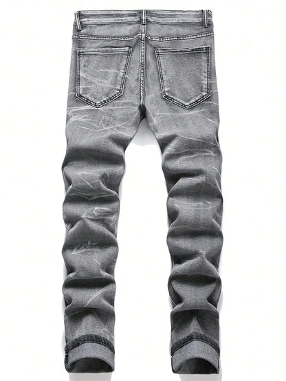 Gray-Wash Ripped Patchwork Jeans