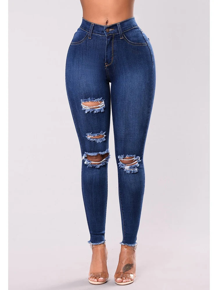High-Waist Stretch Ripped Jeans — Dark Blue