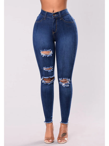 High-Waist Stretch Ripped Jeans — Dark Blue