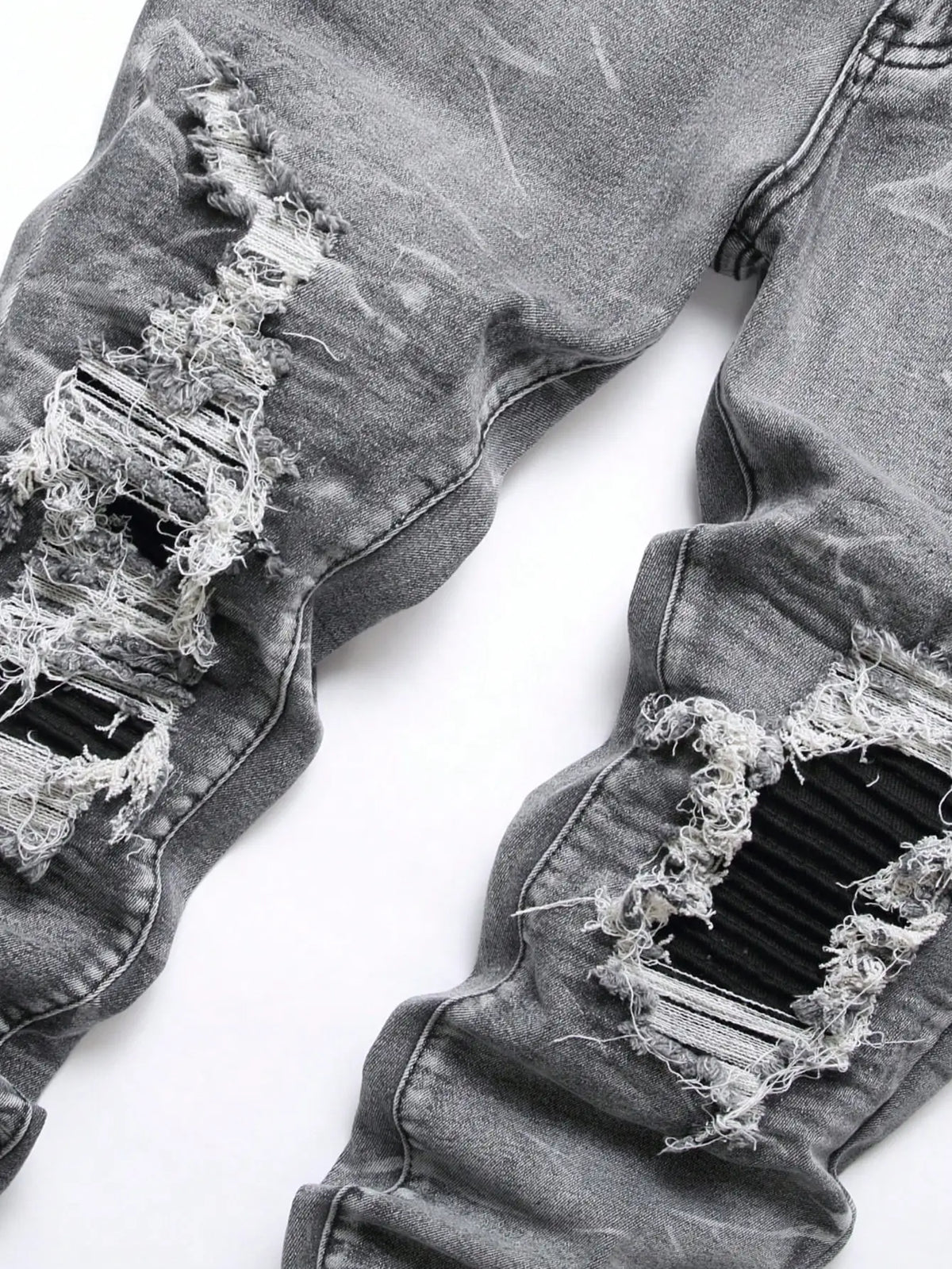 Gray-Wash Ripped Patchwork Jeans