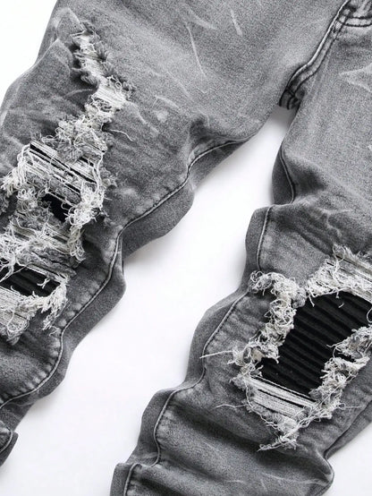 Gray-Wash Ripped Patchwork Jeans