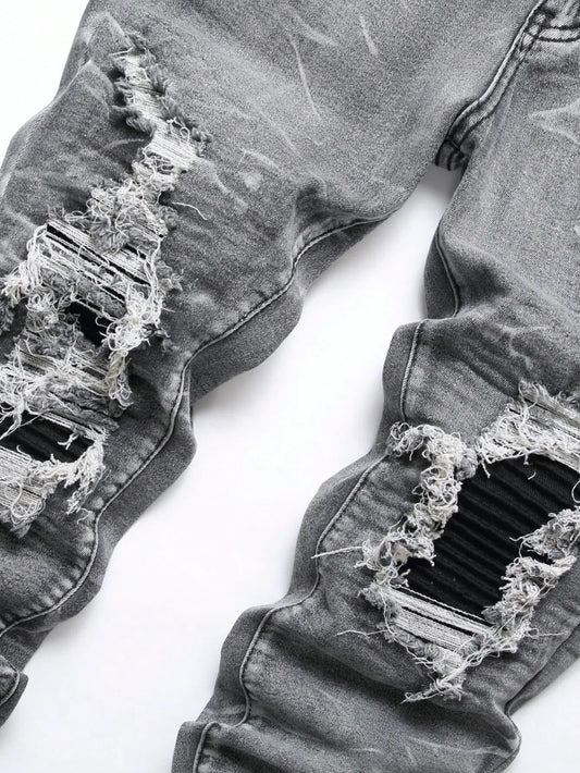 Gray-Wash Ripped Patchwork Jeans