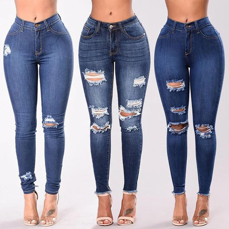 High-Waist Stretch Ripped Jeans — Dark Blue