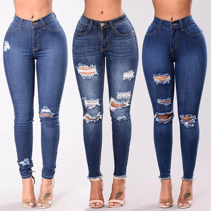 High-Waist Stretch Ripped Jeans — Dark Blue