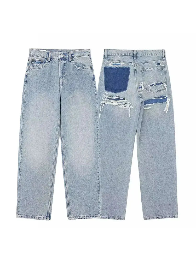 High-Waist Distressed Patchwork Jeans