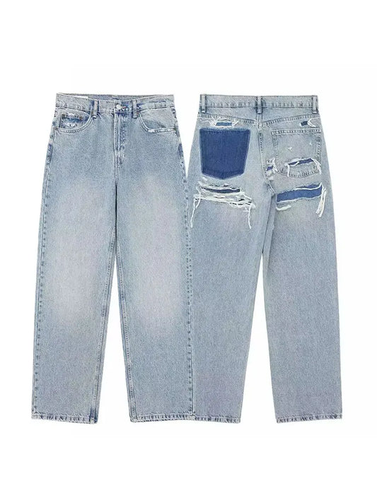 High-Waist Distressed Patchwork Jeans