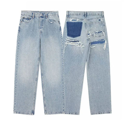 High-Waist Distressed Patchwork Jeans