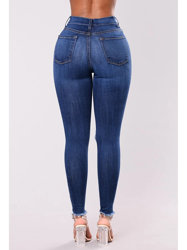 High-Waist Stretch Ripped Jeans — Dark Blue