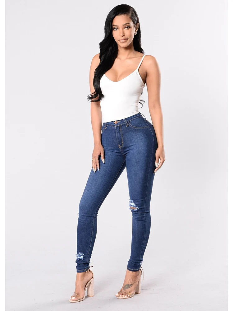 High-Waist Stretch Ripped Jeans — Dark Blue