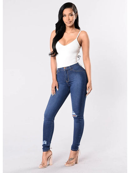 High-Waist Stretch Ripped Jeans — Dark Blue