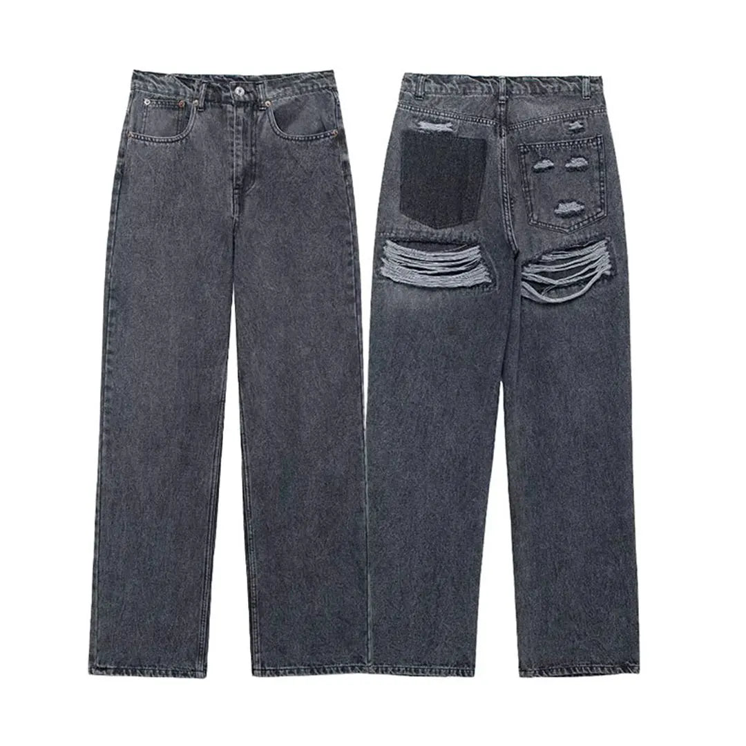 High-Waist Distressed Patchwork Jeans