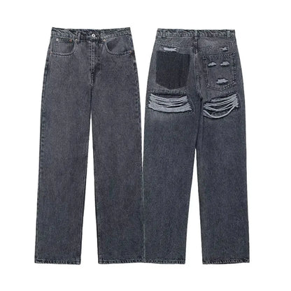 High-Waist Distressed Patchwork Jeans