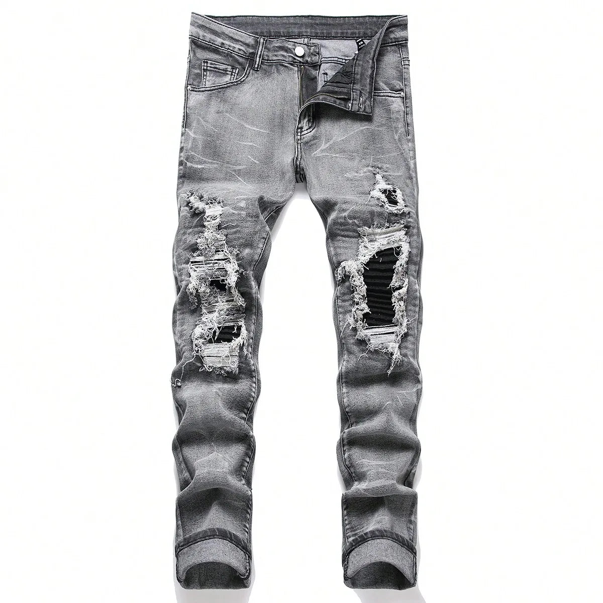 Gray-Wash Ripped Patchwork Jeans