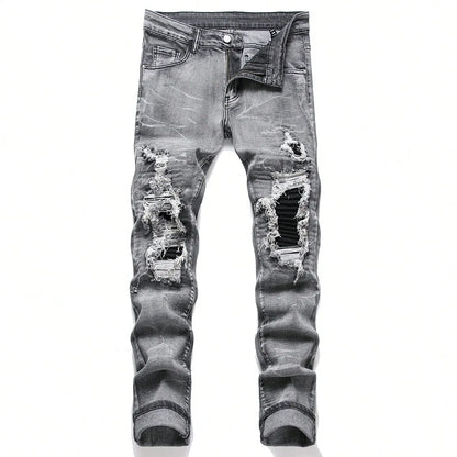 Gray-Wash Ripped Patchwork Jeans