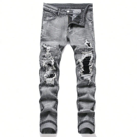 Gray-Wash Ripped Patchwork Jeans