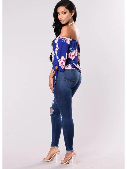 High-Waist Stretch Ripped Jeans — Dark Blue