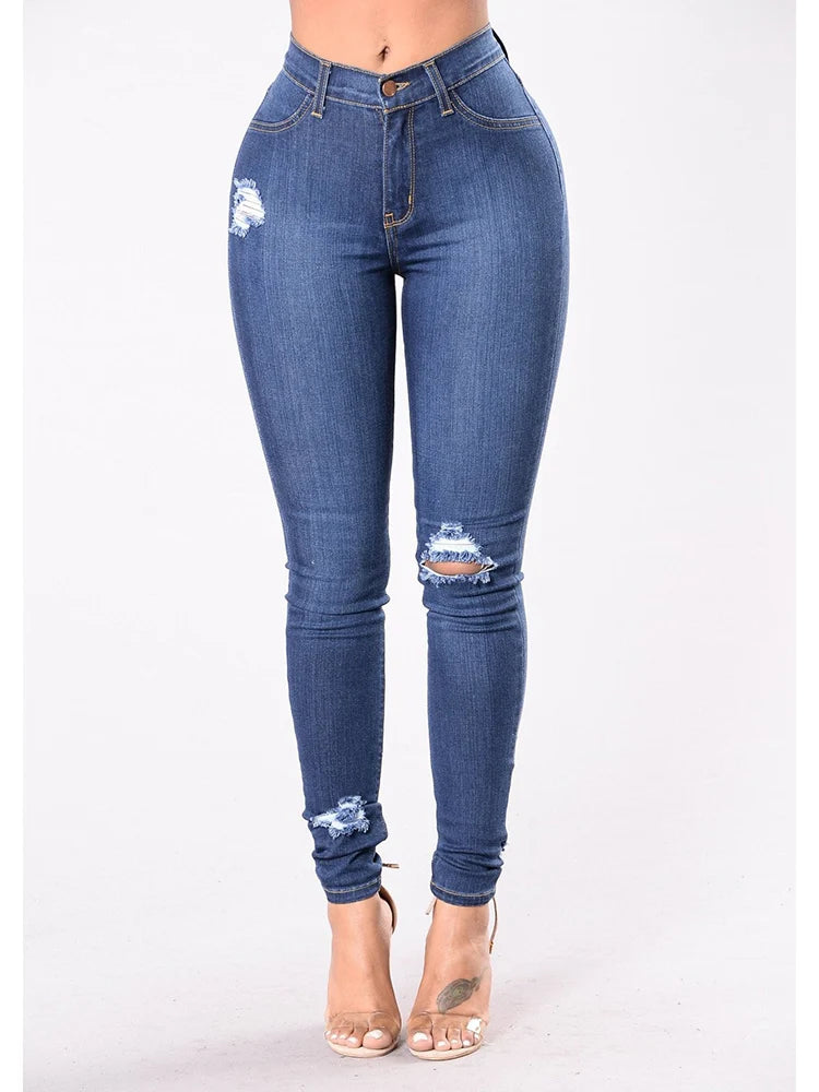 High-Waist Stretch Ripped Jeans — Dark Blue
