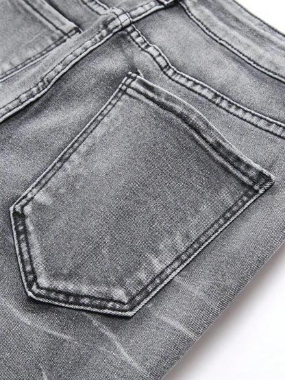 Gray-Wash Ripped Patchwork Jeans