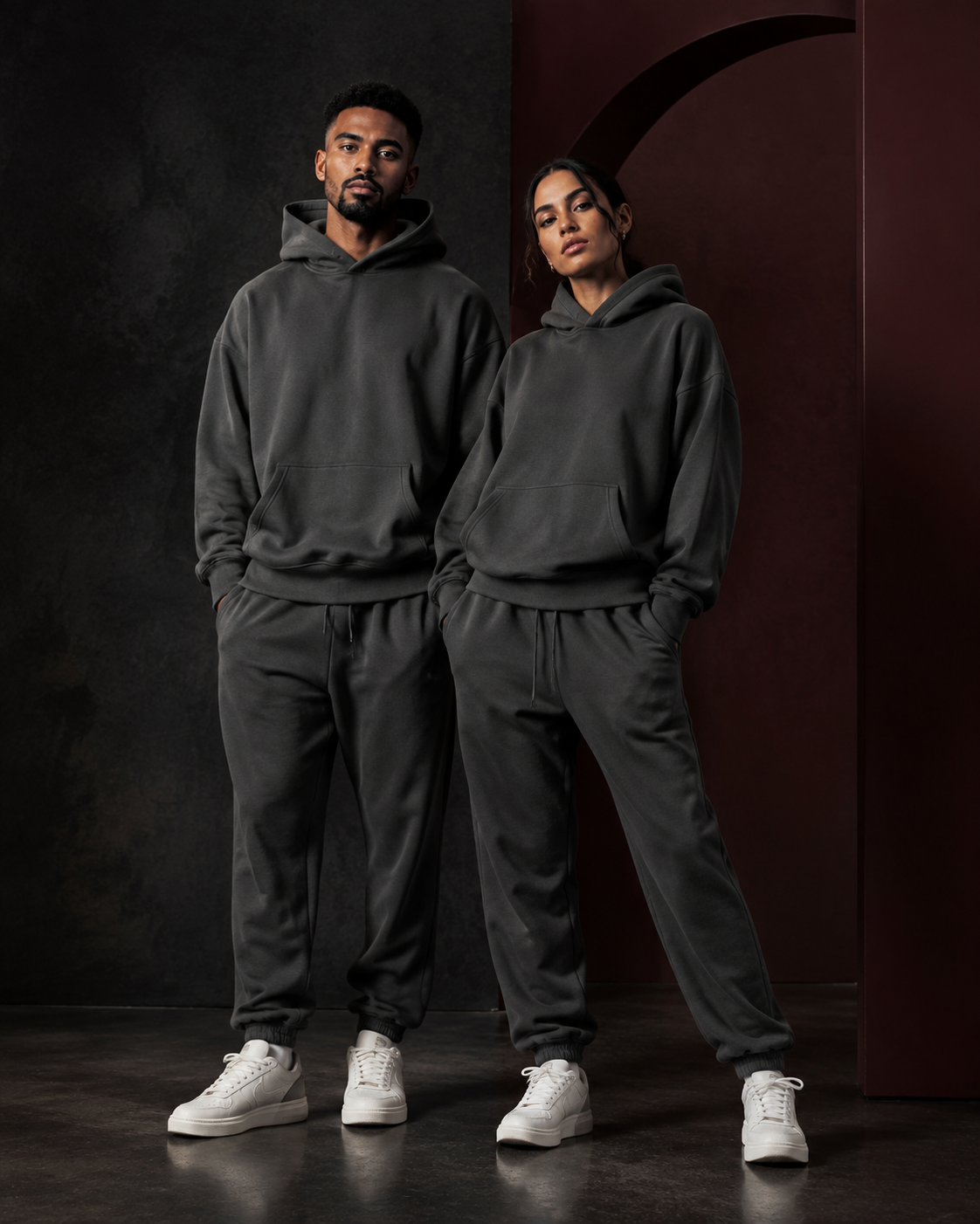 Couple's hooded sweatshirt and jogger set in a Tanzy editorial