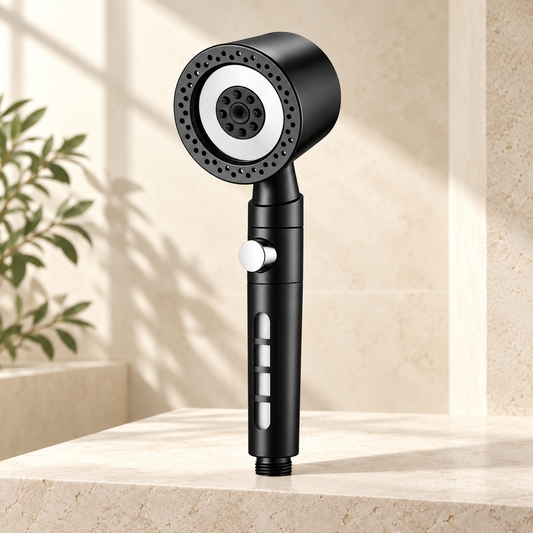 Tanzy five-mode handheld shower head in black on pale limestone