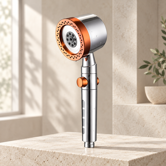 Tanzy five-mode handheld shower head in orange on pale limestone