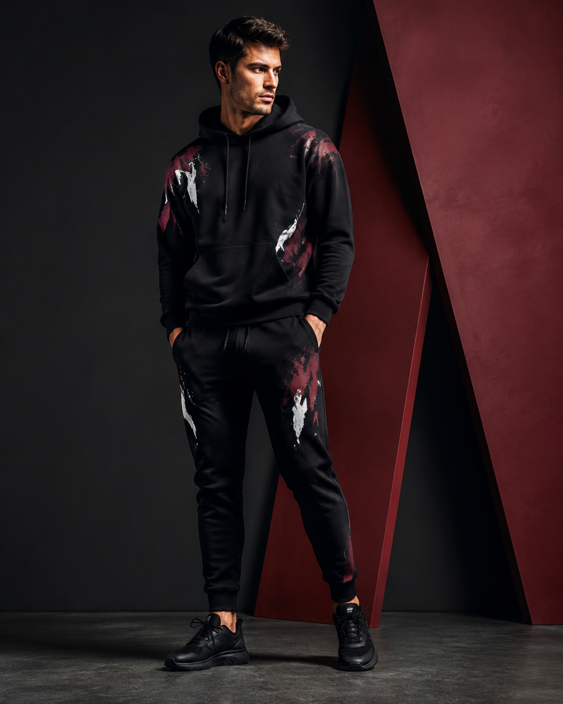 Men's splash hoodie tracksuit in a Tanzy editorial