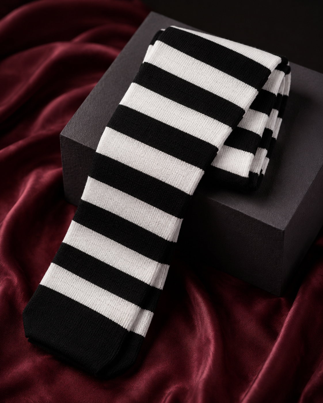 Black-and-white striped over-the-knee socks in a Tanzy editorial