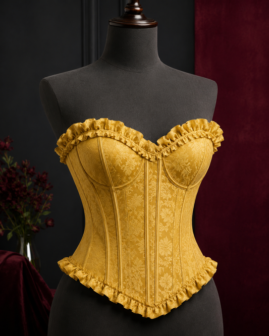 Yellow jacquard corset top in a Tanzy editorial