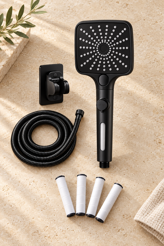 Tanzy black square shower head kit with hose, wall mount, and four replacement filter cartridges
