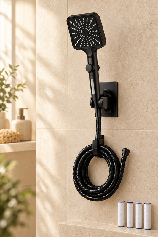 Tanzy black square 160mm handheld shower head with filter cartridges mounted in a warm limestone bathroom